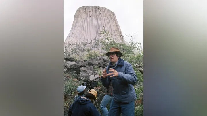 Director Steven Spielberg filming the 1977 sci-fi movie 'Close Encounters of the Third Kind,' by Devils Tower National Monument in Wyoming. 